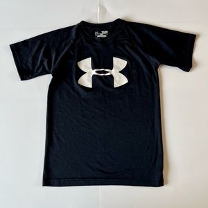 Under Armour Size Youth Small Loose Heat Gear Black White Logo Shirt Top Tee